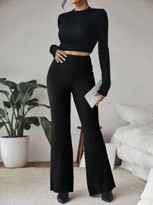 SHEIN LUNE Solid Flare Leg Knit Pants In Fall/Winter - Black - View 5
