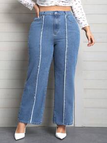 SHEIN Privé Plus High Waist Raw Trim Straight Leg Jeans - Medium Wash - View 1