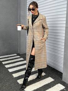 SHEIN Essnce Plaid Print Double Button Overcoat - Multicolor - View 4