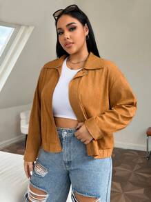 SHEIN EZwear 大碼素色前紐扣燈芯絨夾克 - 棕色 - 查看 3