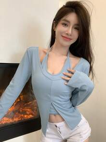 DAZY Solid Split Hem 2 In 1 Tee Long Sleeve Women - Blue - View 5