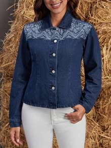 EMERY ROSE 休閒前紐扣佩斯利花紋女士牛仔夾克 & 外套 - 深色水洗藍 - 查看 6