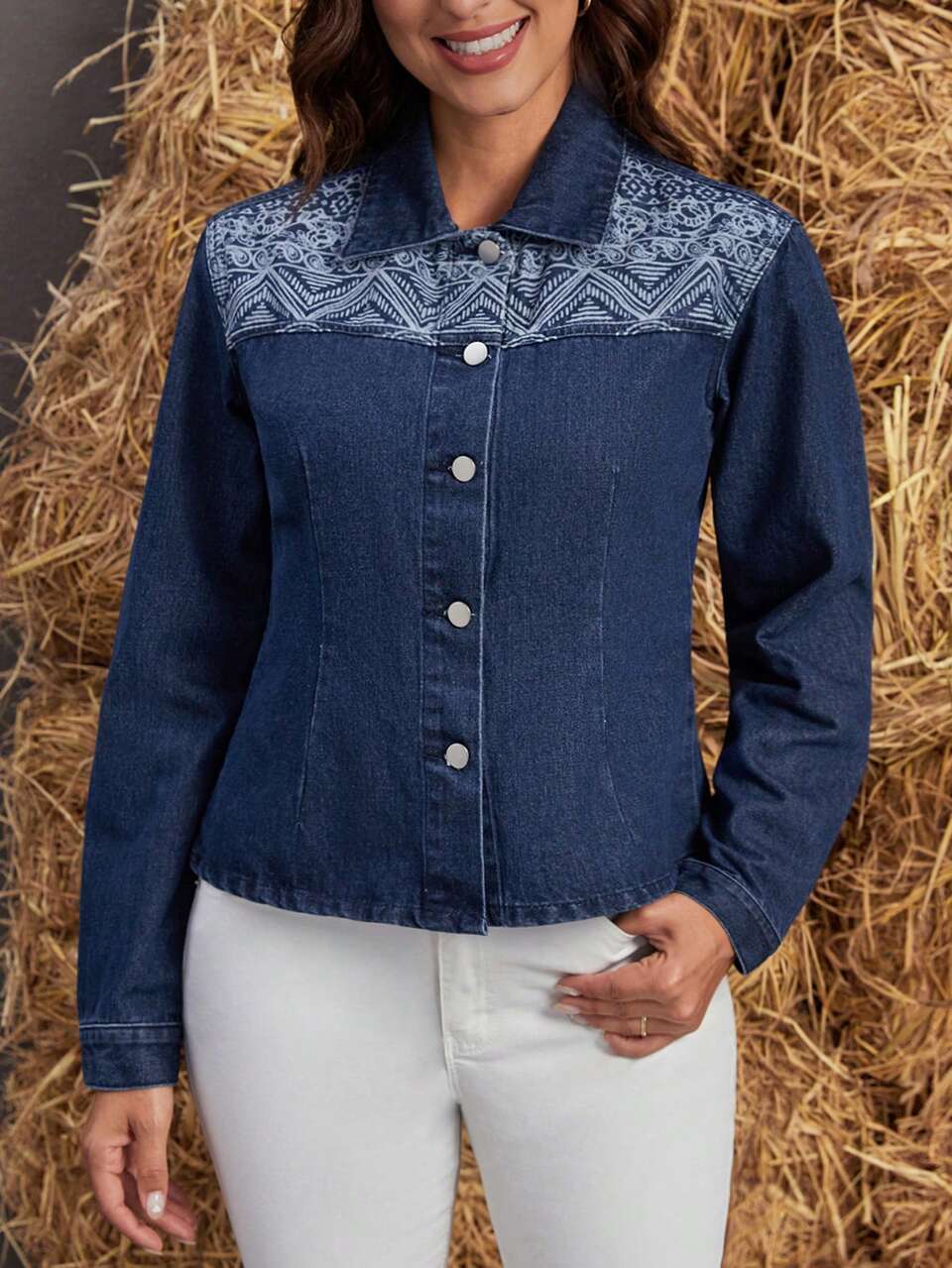 Paisley Print Button Front Denim Jacket
