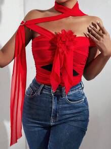 Zolique Stereo Flower Halter Neck Draped Front Bodysuit - Red - View 6