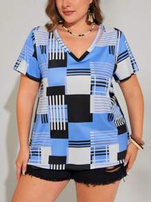 SHEIN LUNE Plus Striped & Geo Print Tee - Multicolor - View 1