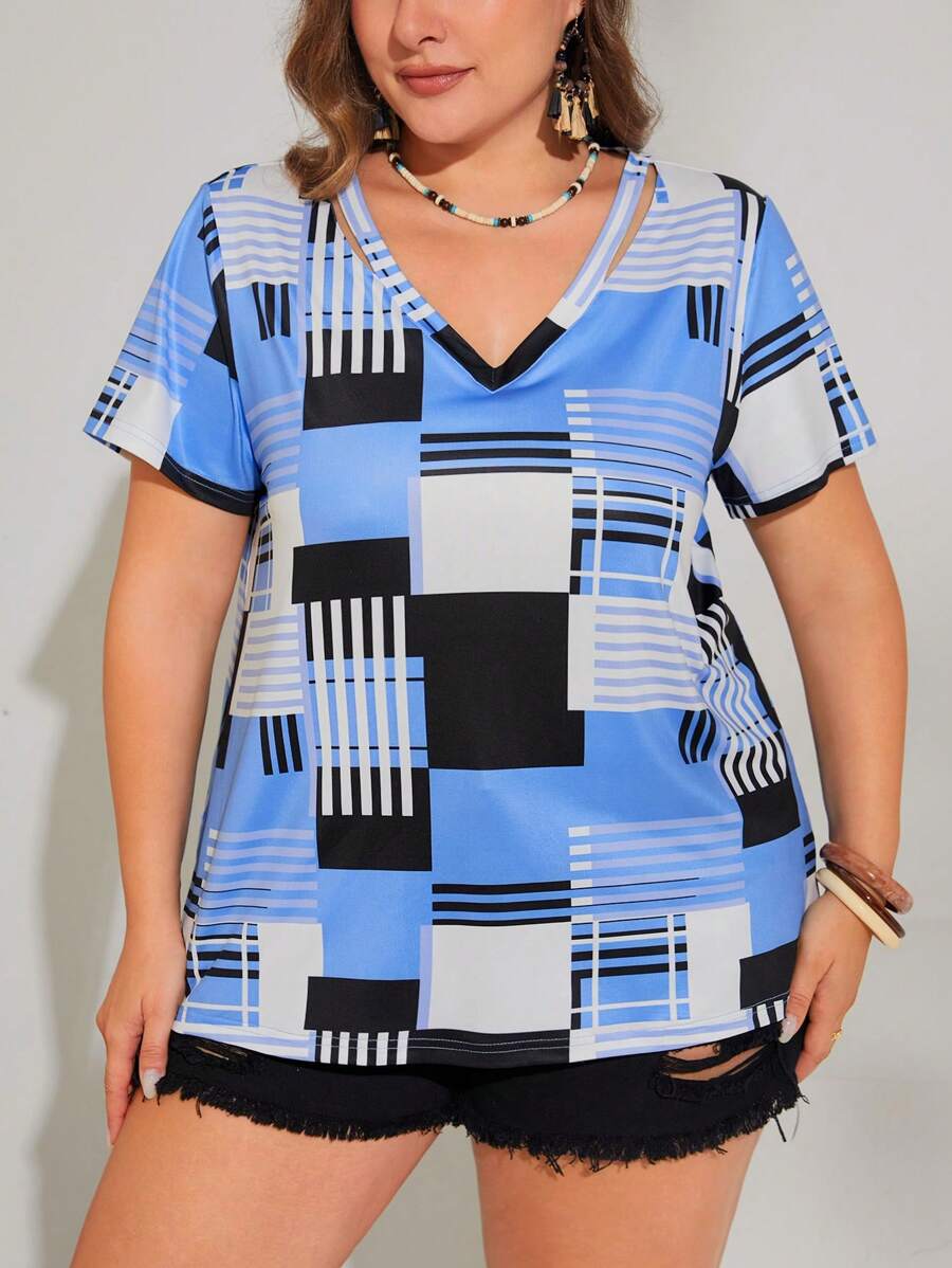SHEIN LUNE Plus Striped & Geo Print Tee - Multicolor - View 1