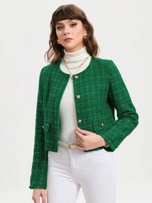 SHEIN BIZwear 格紋印花前紐扣花呢外套 - 綠色 - 查看 5