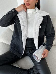 EURMUSE Borg Collar Teddy Lined Denim Jacket - Dark Grey - View 3