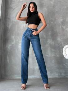 EURMUSE High Waist Straight Leg Jeans - Navy Blue - View 1