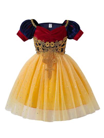 Young Girl Elegant Lace Applique Bubble Sleeve Dress Suitable For Performance, Wedding, Evening Party,Christmas Clothes