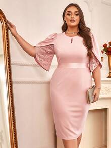 CurvySweet Plus Keyhole Neckline Petal Sleeve Bodycon Dress - Pink - View 6