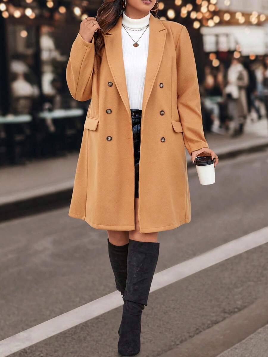 Calvaya Plus Lapel Neck Double Breasted Overcoat - Apricot - View 1