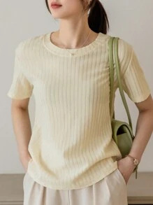 DAZY Gân đan Cổ thuyền viên Áo thun - Màu be - Xem 2