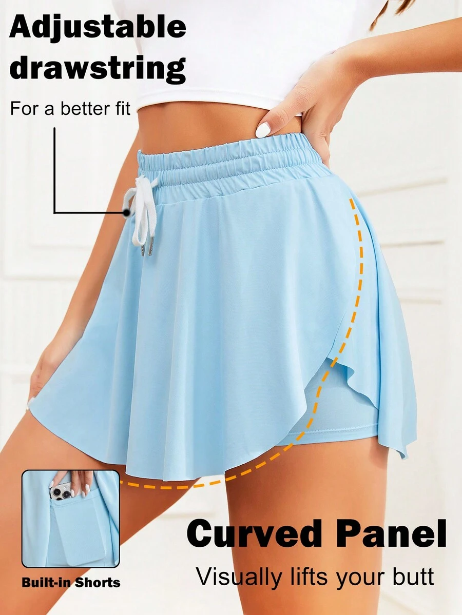 Falda pantalón deportiva con dobladillo cruzado y cordón en la cintura - Celeste - Ver 1