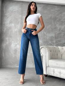 Cottnline High Waist Straight Leg Jeans - 藍色 - 查看 4