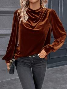 SHEIN Clasi Draped Collar Lantern Sleeve Velvet Blouse - Brown - View 6