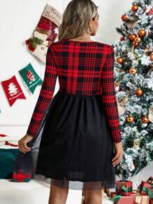 SHEIN Maternity Plaid Print Mesh Hem Dress - Red - View 2