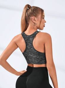 Easithlete Space Dye Asymmetrical Neck Crop Sports Bra - Dark Grey - View 2