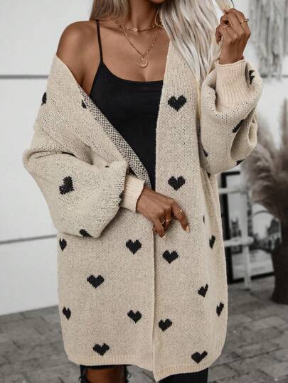 SHEIN LUNE 心形图案落肩开衫、长袖上衣