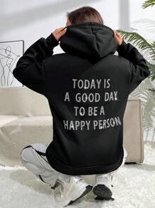 SHEIN Unity Đồ họa Khẩu hiệu Thả vai Dây rút Lót nhiệt Hoodie - màu đen - Xem 4
