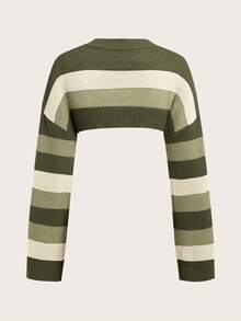 SHEIN ICON 大碼條紋圖案落肩袖短款毛衣 - 彩色 - 查看 2