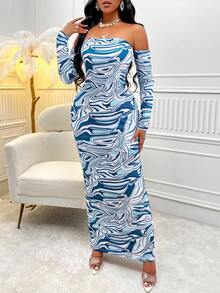 SHEIN Slayr Marble Print Lace Up Backless Off Shoulder Bodycon Dress - Blue - View 3