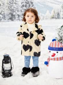 SHEIN Baby Girl Heart Pattern Teddy Coat - Black - View 6