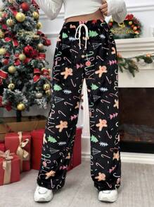 SHEIN Qutie Pantalon Ample Imprimé Noël À Cordon