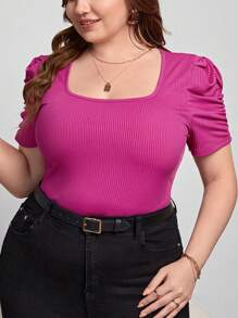 SHEIN Privé Plus Puff Sleeve Ribbed Knit Tee - Hot Pink - View 6