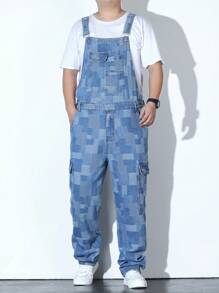 Manfinity Homme 男士大码色塊拼接圖案翻蓋口袋牛仔背帶褲不帶T恤 - 彩色 - 查看 5