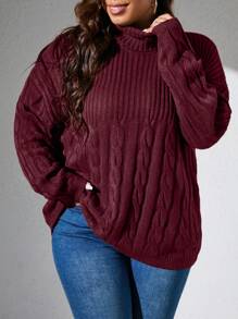 SHEIN LUNE Plus Turtleneck Cable Knit Drop Shoulder Sweater - Burgundy - View 1