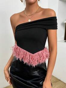 SHEIN Privé One Shoulder Fringe Trim Bandana Hem Crop Top - Black - View 3