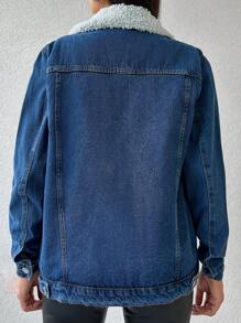 EURMUSE Túi có nắp Lót Teddy Áo khoác denim - Màu xanh lam - Xem 2