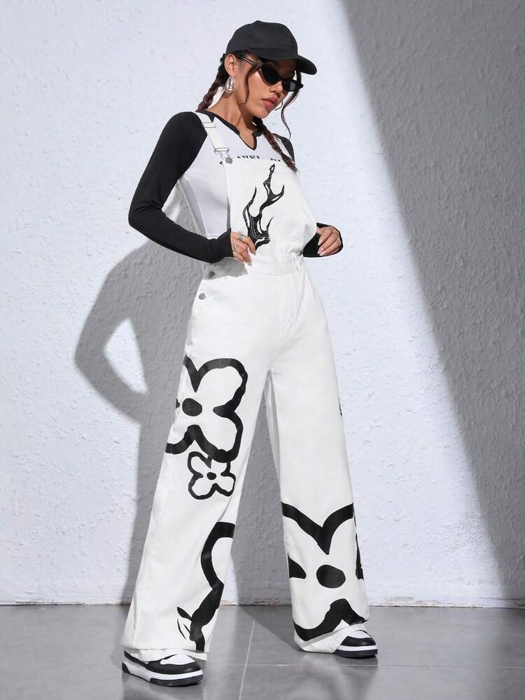 SHEIN EZwear 圖案印花牛仔背帶褲不帶T恤 - 杏色 - 查看 3