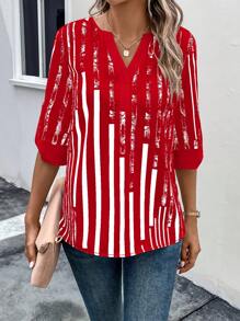 EMERY ROSE Striped Print Notched Neckline Blouse For New Year Clothes - Red - View 6