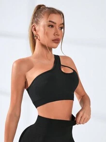 SHEIN Yoga Sxy 單肩鏤空短款運動型文胸 - 黑色 - 查看 3