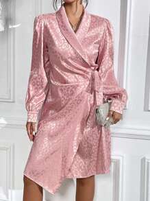 Chiquease 豹紋提花披肩領結側裹緞洋裝