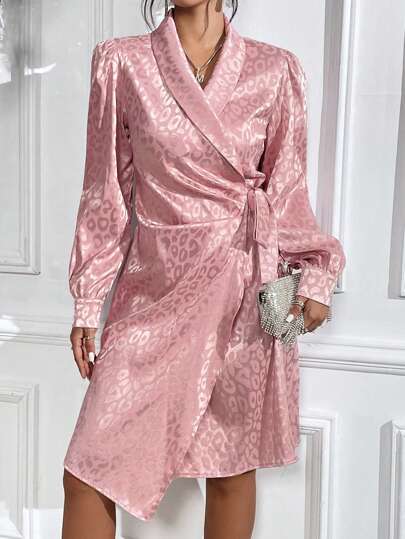 Chiquease Leopard Jacquard Shawl Collar Knot Side Wrap Satin Dress Fall Cloth For Women