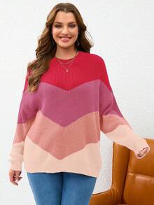 SHEIN Essnce 大碼撞色落肩袖套頭毛衣 - 粉色 - 查看 5