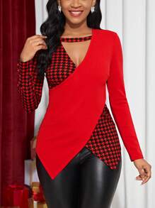 SHEIN Lady Houndstooth Print Cut Out Wrap Cross Tee - Red - View 1