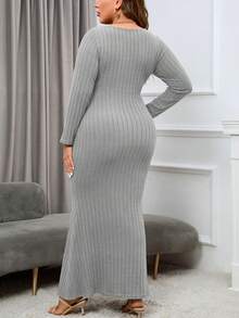 SHEIN Privé 大碼方領魚尾裙下擺洋裝 - 灰色 - 查看 2