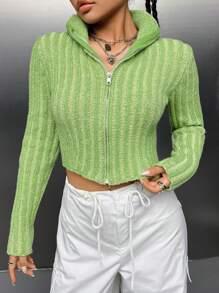 SHEIN Unity 拉鏈開襟短款開衫 - 綠色 - 查看 1