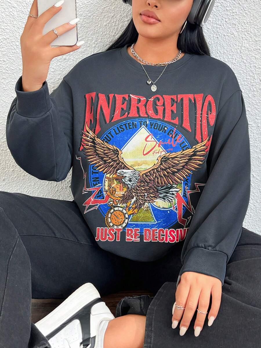 SHEIN EZwear Talla grande Sudadera con estampado de águila y letra de hombros caídos - Gris Oscuro - Ver 1