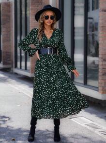 SHEIN LUNE 滿版印花喇叭袖交疊領腰部打褶繫腰帶洋裝 - 綠色 - 查看 6