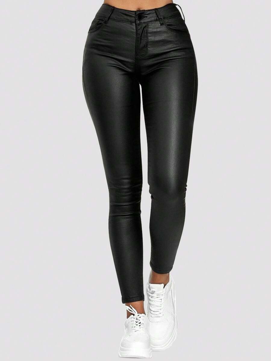 Apperloth A High Waist PU Leather Skinny Pants Punk Music Festival - 黑色 - 查看 1