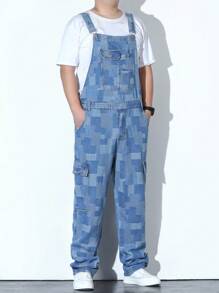 Manfinity Homme 男士大码色塊拼接圖案翻蓋口袋牛仔背帶褲不帶T恤 - 彩色 - 查看 3