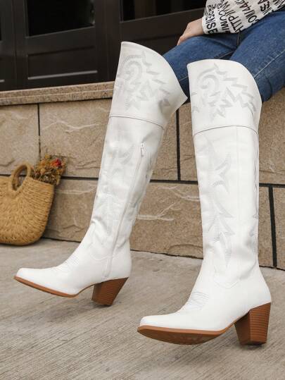 Square Toe Thick Heel Riding Boots With Western Embroidery, Retro Over-The-Knee Cowgirl Boots Sexy&Fashionable