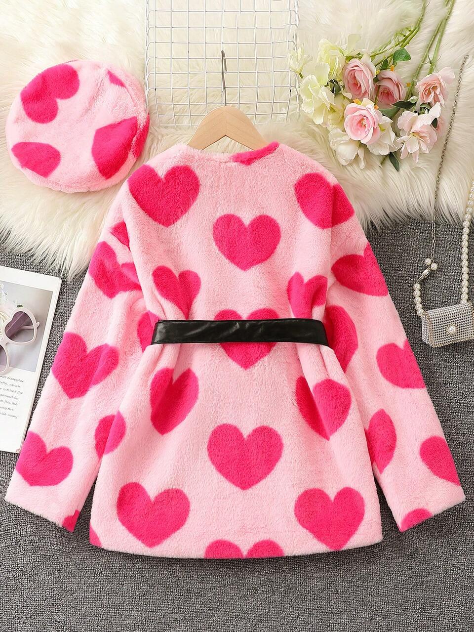 Tween Girl Heart Pattern Belted Coat & Hat Without Sweater