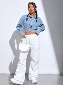 SHEIN EZwear 落肩袖後綁帶短款牛仔上衣 - 淺色水洗藍 - 查看 1