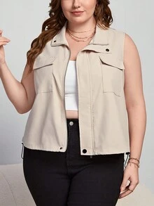 SHEIN Essnce Plus Flap Pocket Drawstring Hem Vest Jacket - Beige - View 4